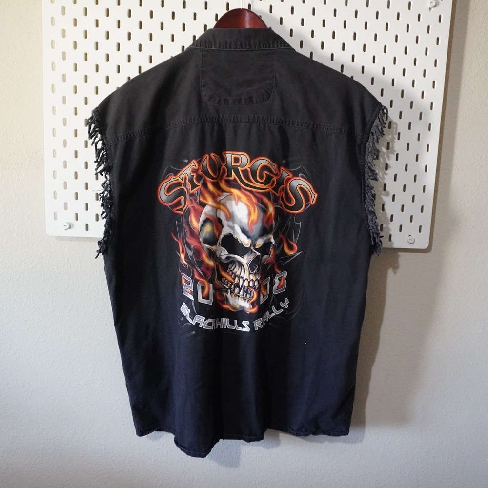Sturgis 2008 Sleeveless Shirt Black Hills Rally Skull Flames Size‎ L Jesse James